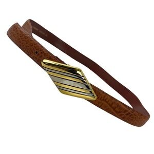 Vintage 80's Genuine Leather Belt Brown Medium Large Gold Silver Stripe Tone M/L